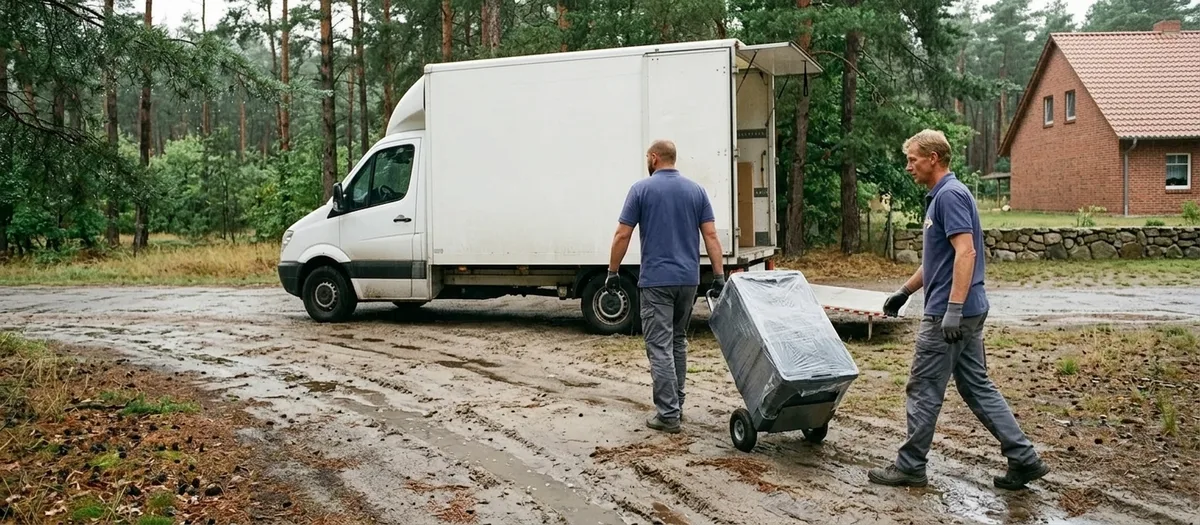 Möbelwagen steht auf befestigtem Grund am Rand eines regennassen Waldwegs bei Liebenwalde, zwei Träger schieben eine mit Folie abgedeckte Rollbox über nasses Laub in Richtung eines Gehöfts