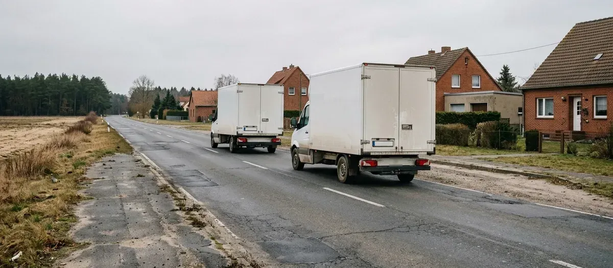 Zwei Möbelwagen hintereinander auf einer Ausfallstraße Richtung Süden, links offenes Brandenburger Land, rechts die ersten niedrigen Häuser einer Siedlung