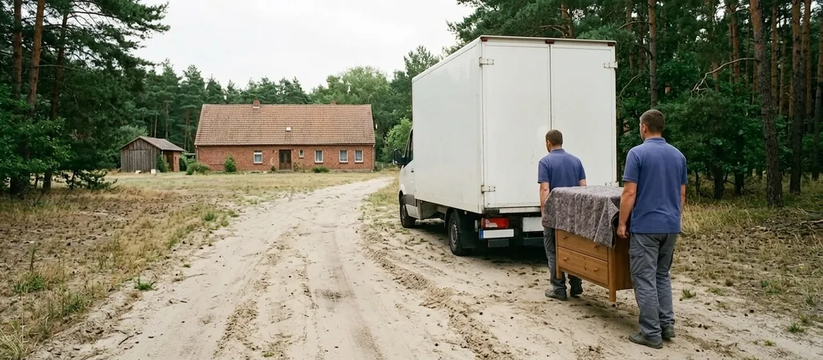 Möbelwagen steht am Rand eines sandigen Zufahrtswegs zu einem einzeln stehenden Gehöft bei Liebenwalde, zwei Träger bringen eine mit einer Decke abgedeckte Kommode über den Sandweg